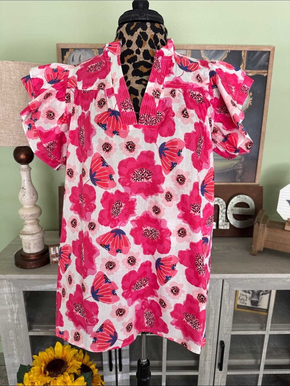 First Love  Pink Floral Ruffle Sleeve--Sz L